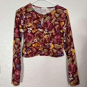 Floral Keyhole Long-Sleeve Crop Top - Maroon Size Large